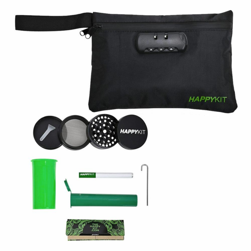 Happy Pouch Herb – Glass Pipe, Cig Bat, Papers, Grinder & Storage Tube – Black - Jupiter Cannabis Winnipeg