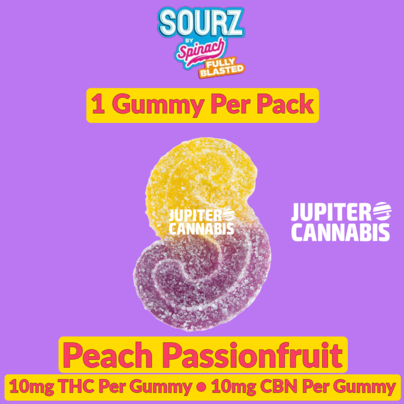 Sourz Sourz Fully Blasted Peach Passionfruit 1:1 CBN:THC Gummy - Jupiter Cannabis Winnipeg