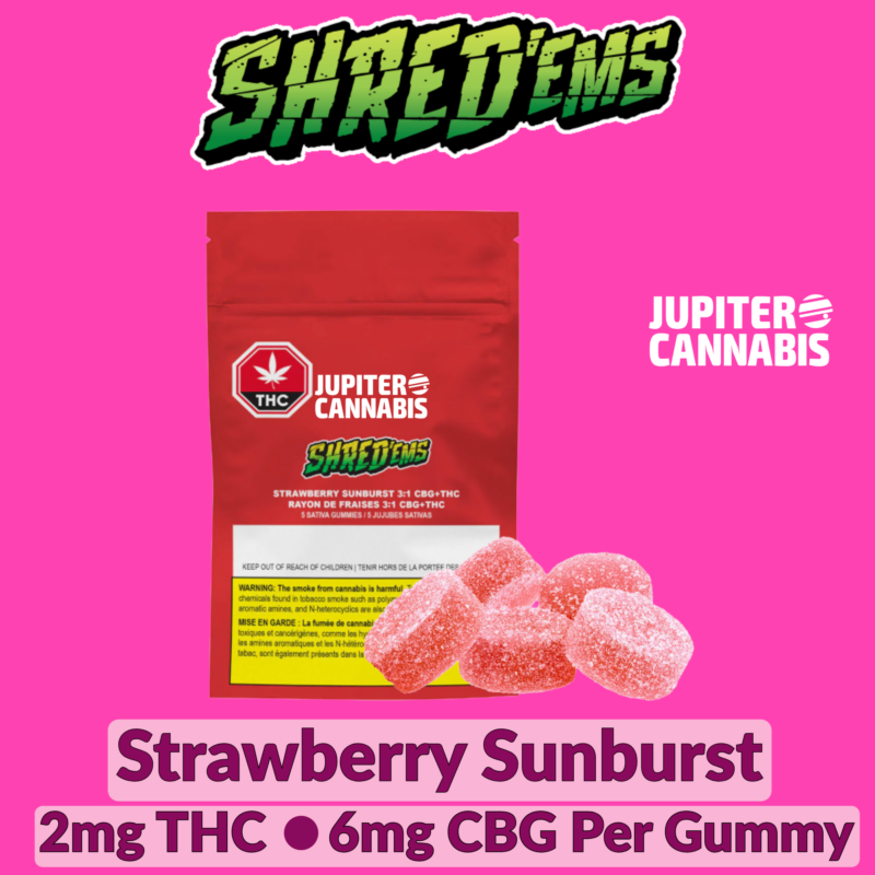 Shred'Ems Shred’Ems Strawberry Sunburst 3:1 CBG:THC Gummies - Jupiter Cannabis Winnipeg