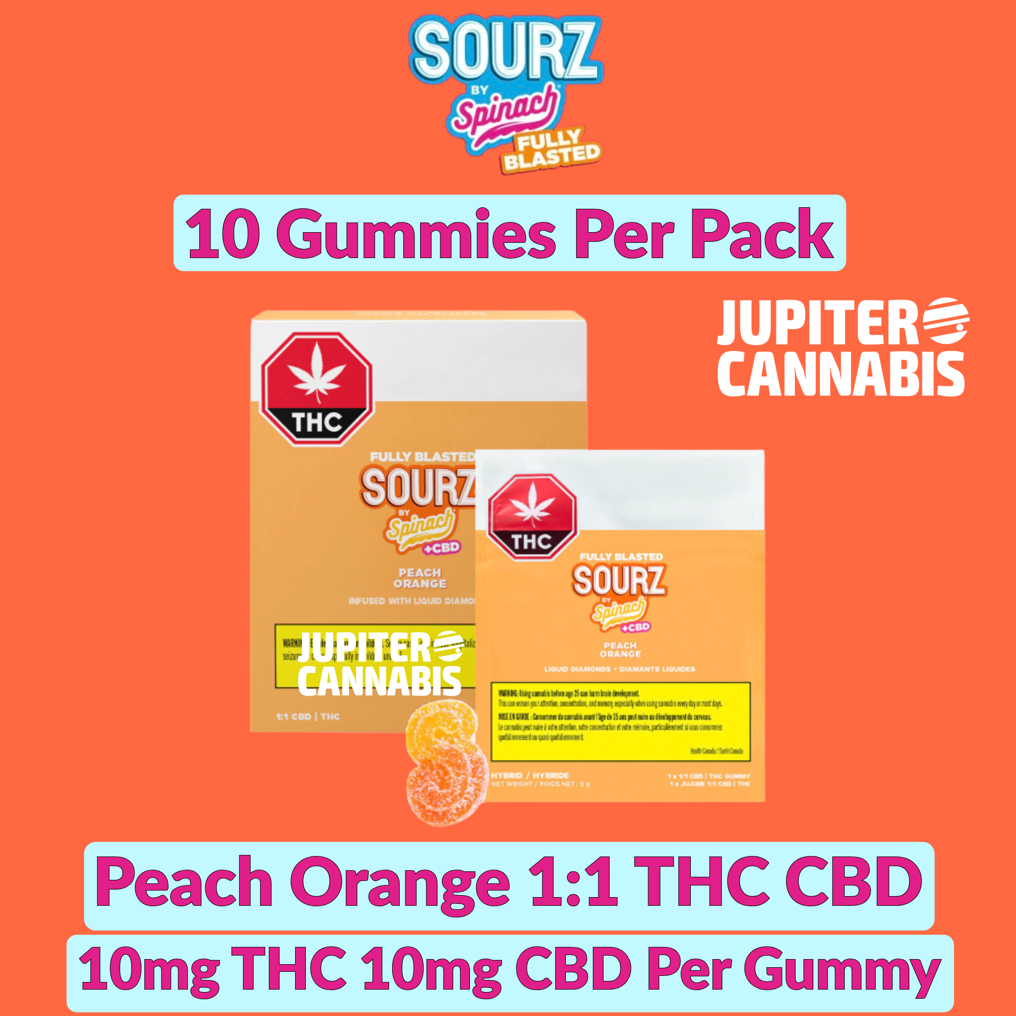 Sourz Fully Blasted Peach Orange 1:1 THC CBD Gummies 10 Pack